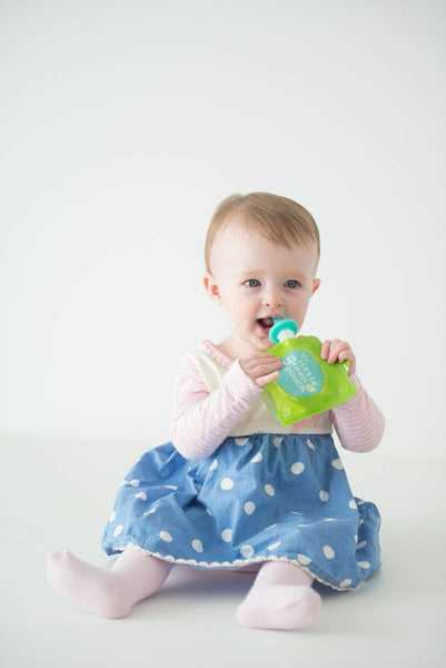 Really Little Green Pouch is perfect for teething babies when paired with the PouchPop silicone spout extender