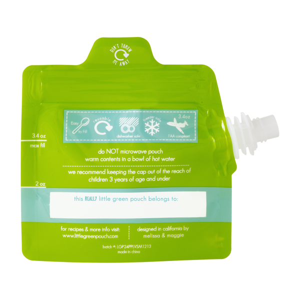 Really Little Green Pouch is a 3.4 oz. reusable food pouch that is travel-friendly at 3.4 oz.