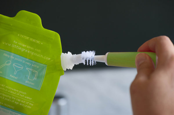 The nipple brush on our Little Green Pouch brush is perfect for spouts on reusable food pouches.