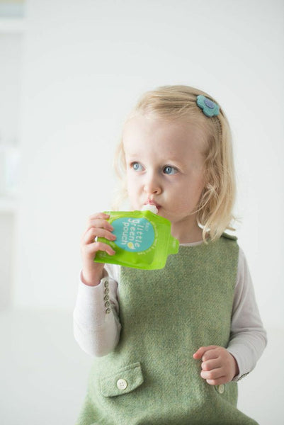 Toddler snacks on-the-go made easy with the Really Little Green Pouch 3.4 oz reusable food pouch